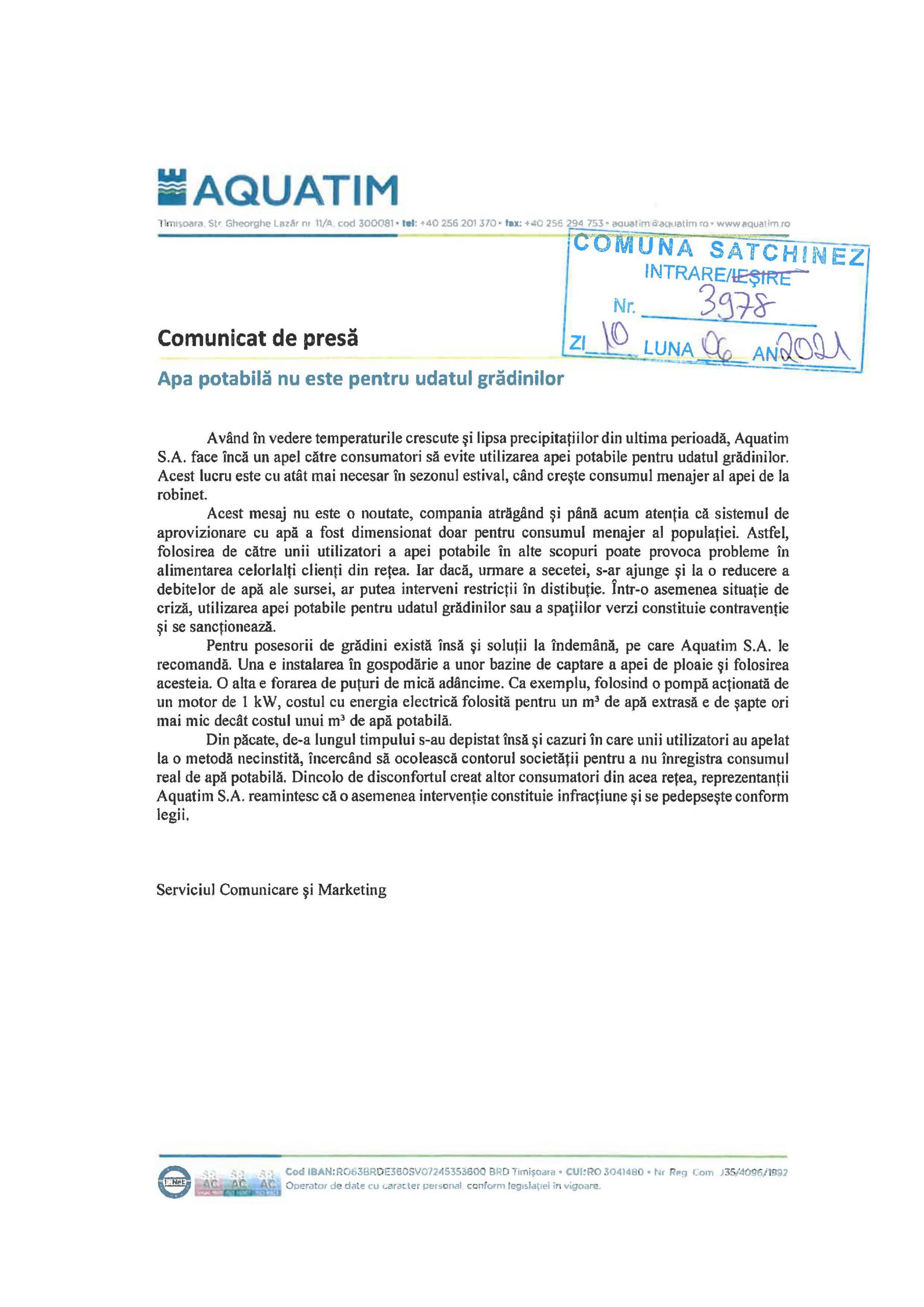 Comunicat de presă Aquatim apa potabilă nu este pentru udatul