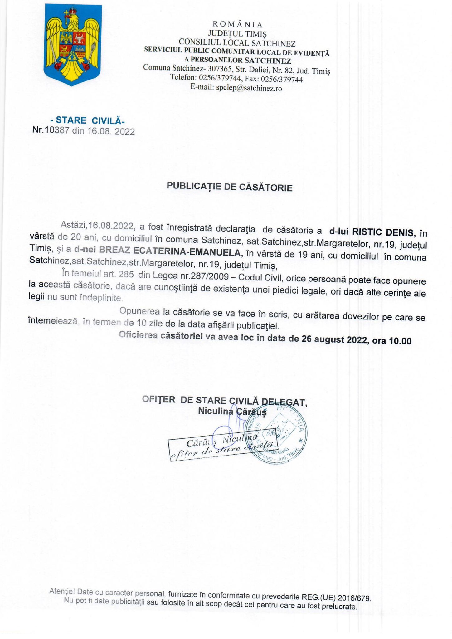 Denis Ristic Publicație de căsătorie Ristic Denis cu Breaz Ecaterina-Emanuela ...